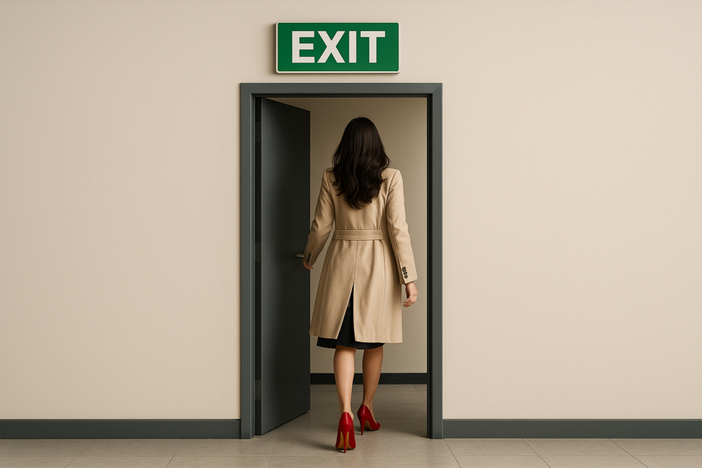 Bitcoin dominance strategy symbolized by woman exiting calmly